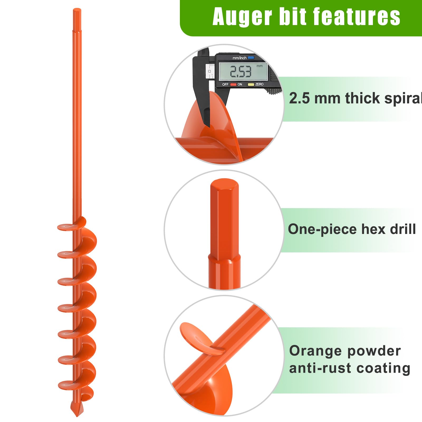 Insaga Taladro de jardín para plantar, 5,1 x 81,3 cm, taladro de jardín robusto con cantos de seguridad y revestimiento antióxido naranja, compatible con taladros de batería para suelo arcilloso