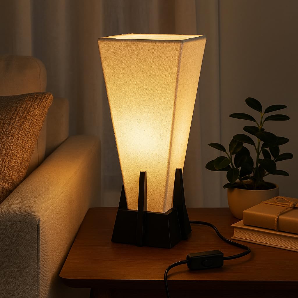 make in modern 36 cm Table Lamp with White Cotton Lampshade & Solid Wood Base | E27 Holder | Modern Bedside Night Lamp for Bedroom & Living Room (Bulb Not Included)