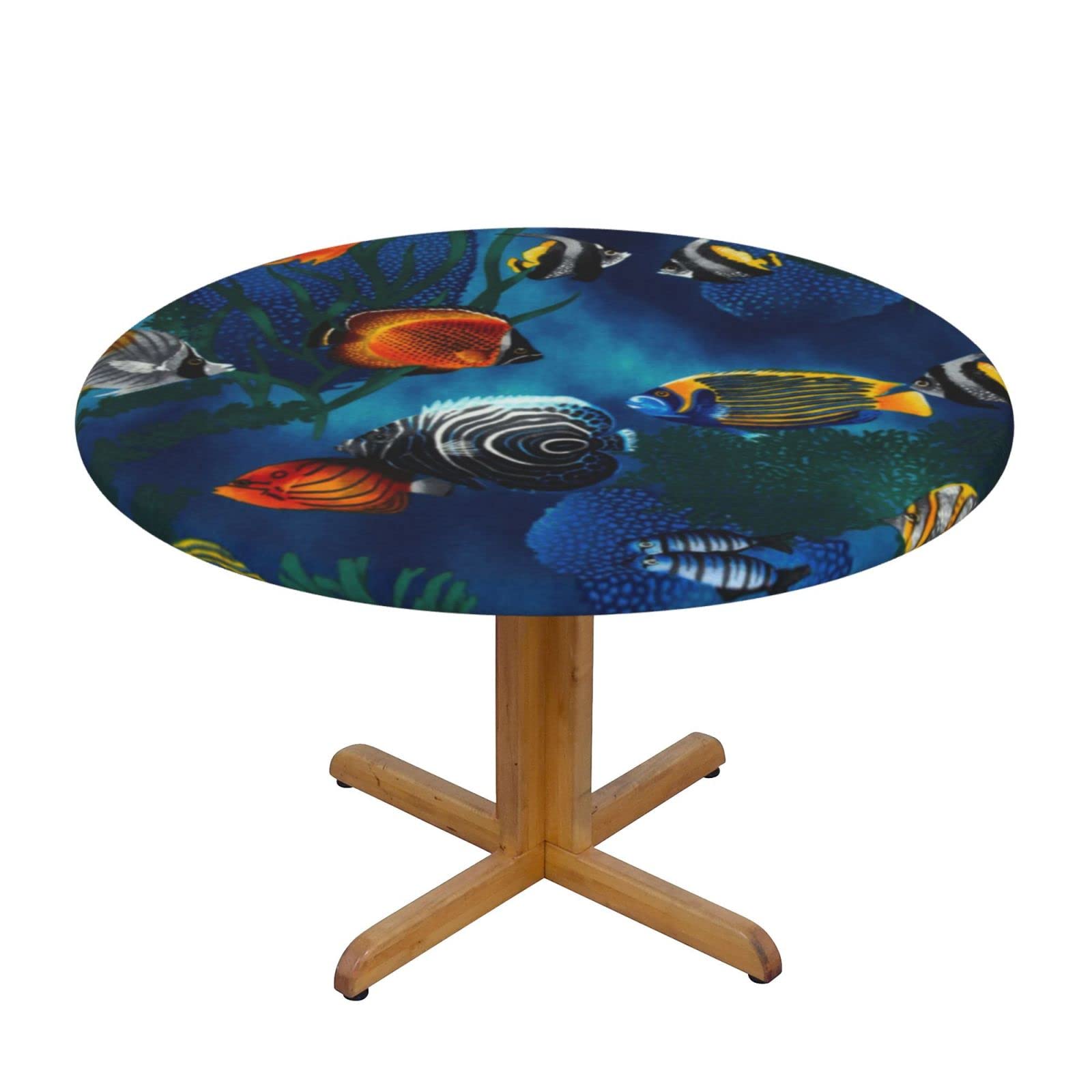 Lsjuee Round Fitted Tablecloth 40-44in Elastic Edged Table Cloth for Kitchen Dining Party Home Decor - Tropical Fish Colorful