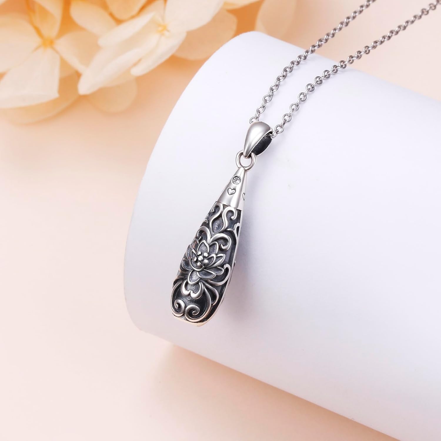 Flower Urn Necklace for Ashes 925 Sterling Silver Cylinder Bar Teardrop Shaped Tree of Life Necklaces Cremation Jewelry Ashes Pendant Loved One Keepsake Memorial Jewelry for Women