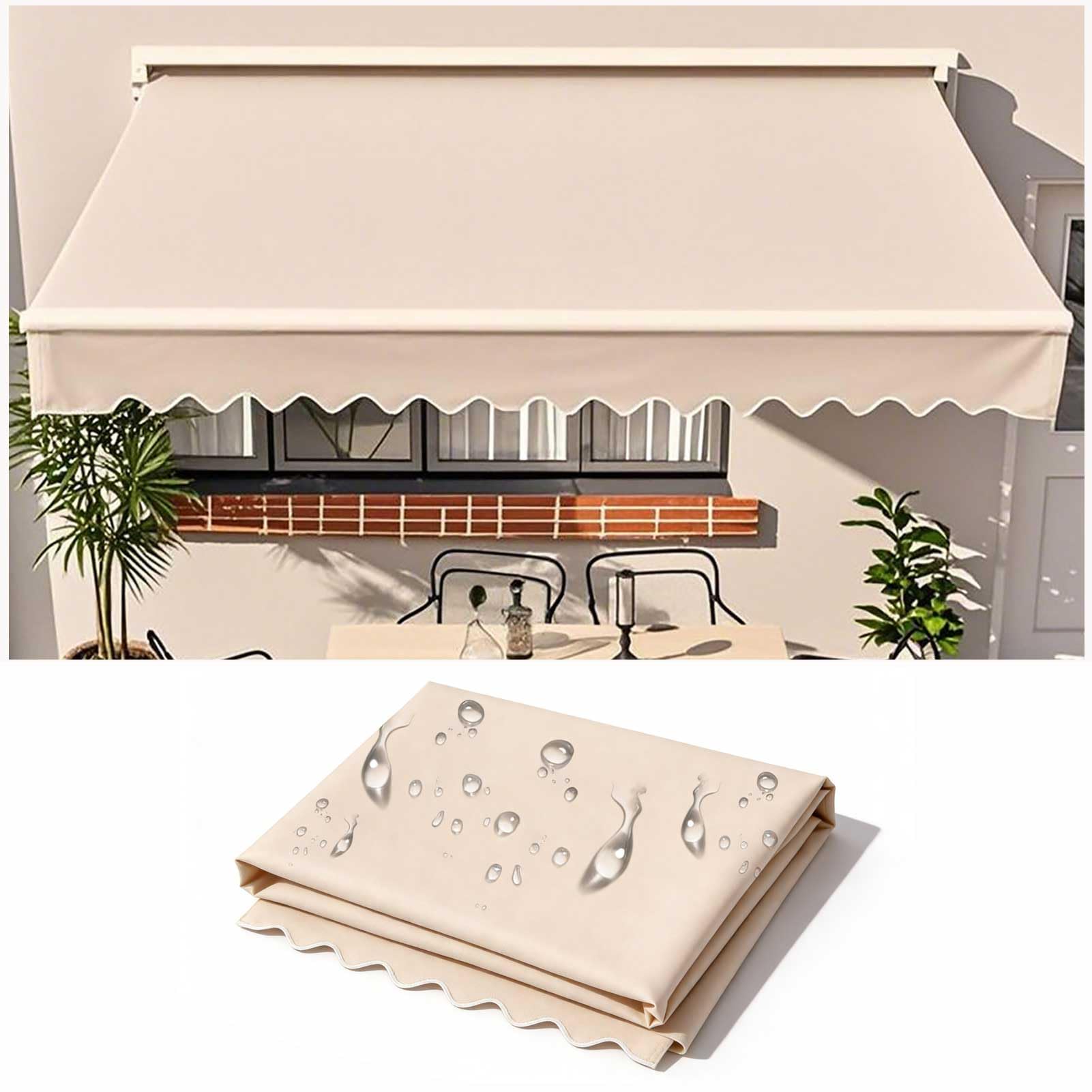 3x2.5m Toile de Rechange Store Banne avec Lambrequin, Tissu de Remplacement pour Auvent de Terrasse Toile d'Auvent en Polyester Imperméable, Toile pour Jardin, Beige