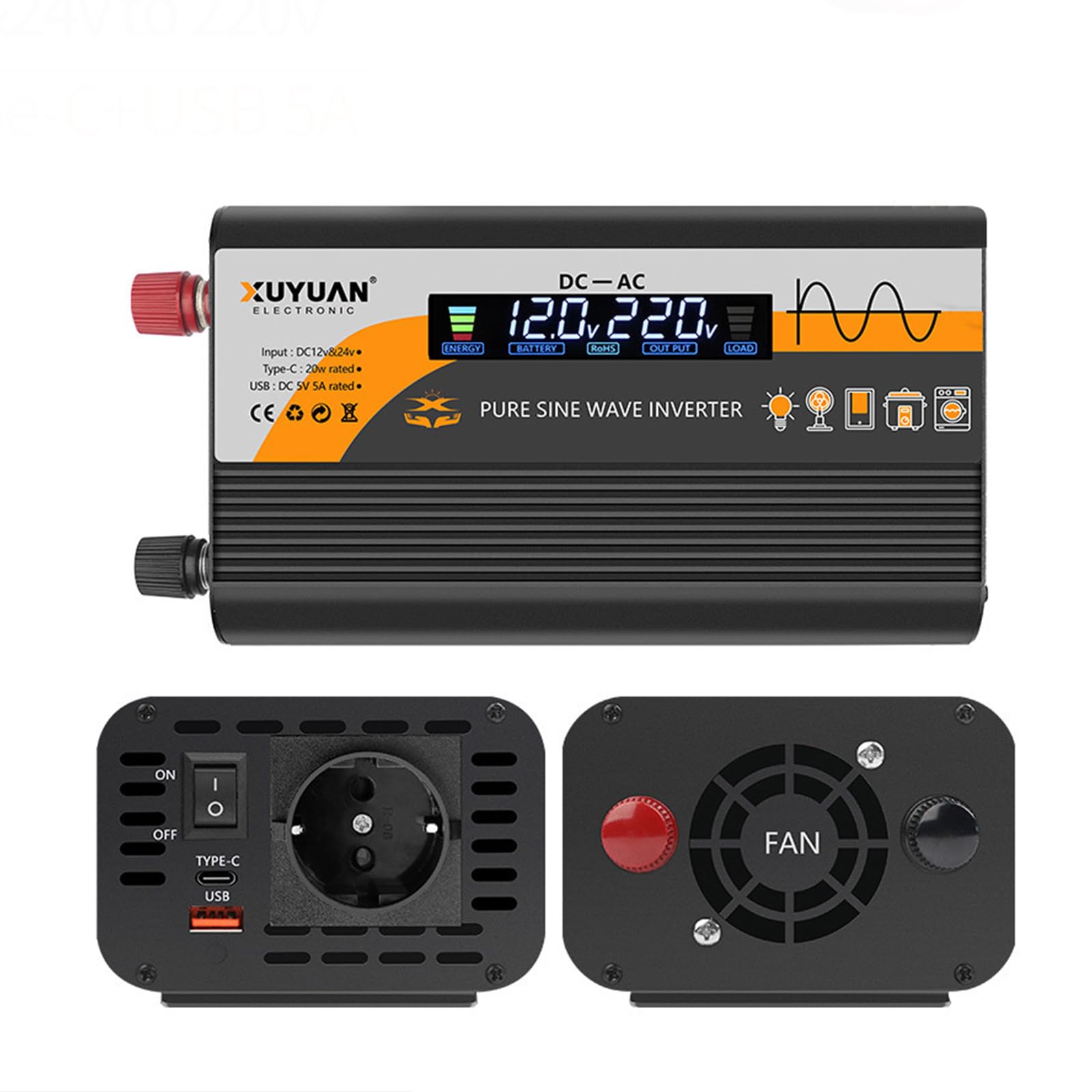 800W Convertisseur 12V 220V Pur Sinus: Onduleur à Transformateur avec Allume Cigare Prise Electrique Et Dual AC Prises Et écran LCD, Inverter Trasformatore Caricatore pour RV Voiture De Camion