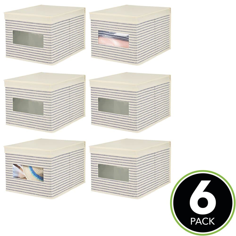 mDesign 6er-Set Stoffbox – praktische Aufbewahrungsbox mit Deckel und Sichtfenster für Schlaf-, Wohn- oder Badezimmer – stapelbare Schrankbox aus atmungsaktiver Kunstfaser – naturfarben/blau