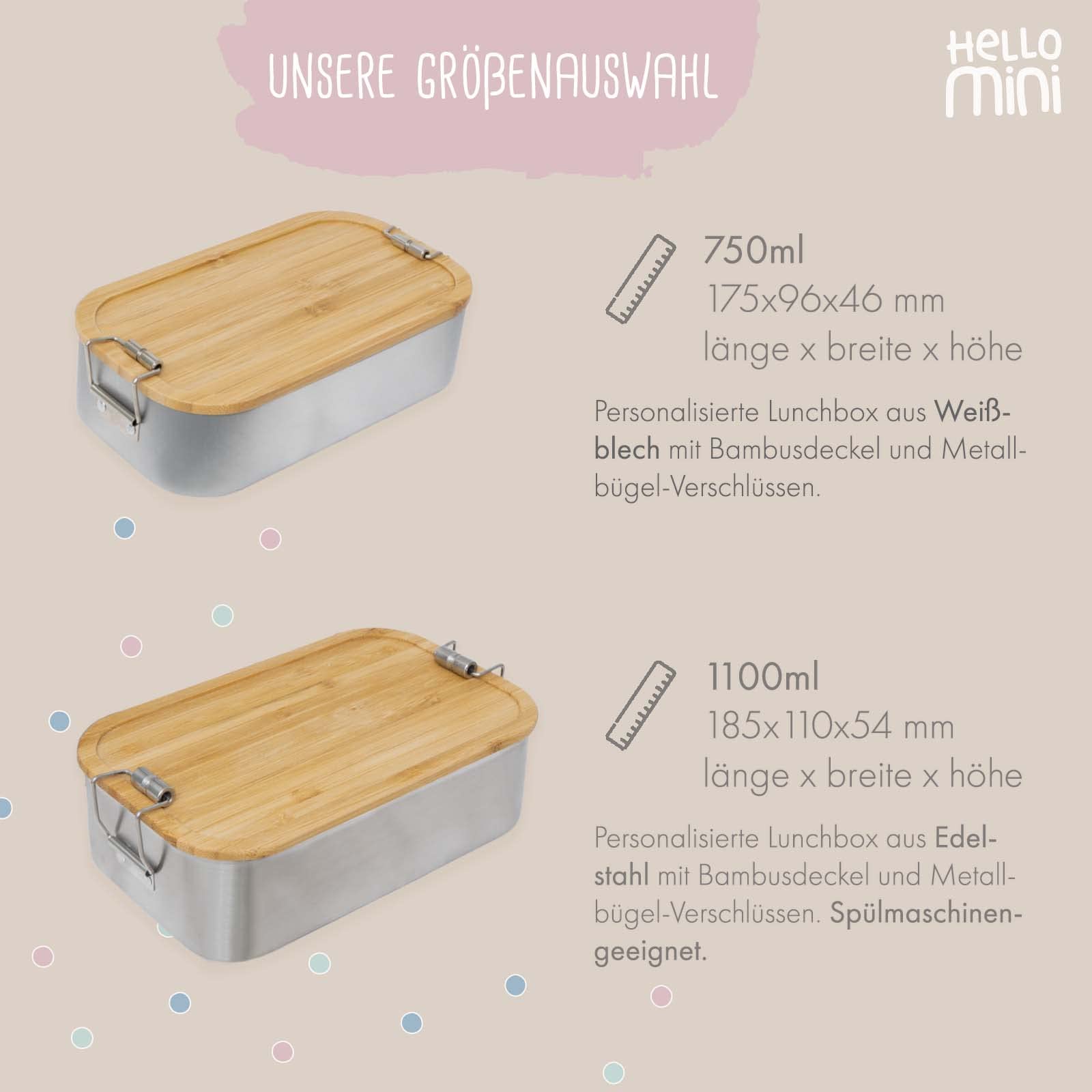 hellomini Geschenkset für Kinder Trinkflasche Isolierflasche Edelstahl mit Bambusdeckel & Brotdose Lunchbox Holzdeckel personalisierte Geschenke Ostern, Weihnachten, Geburtstag, Einschulung Hase