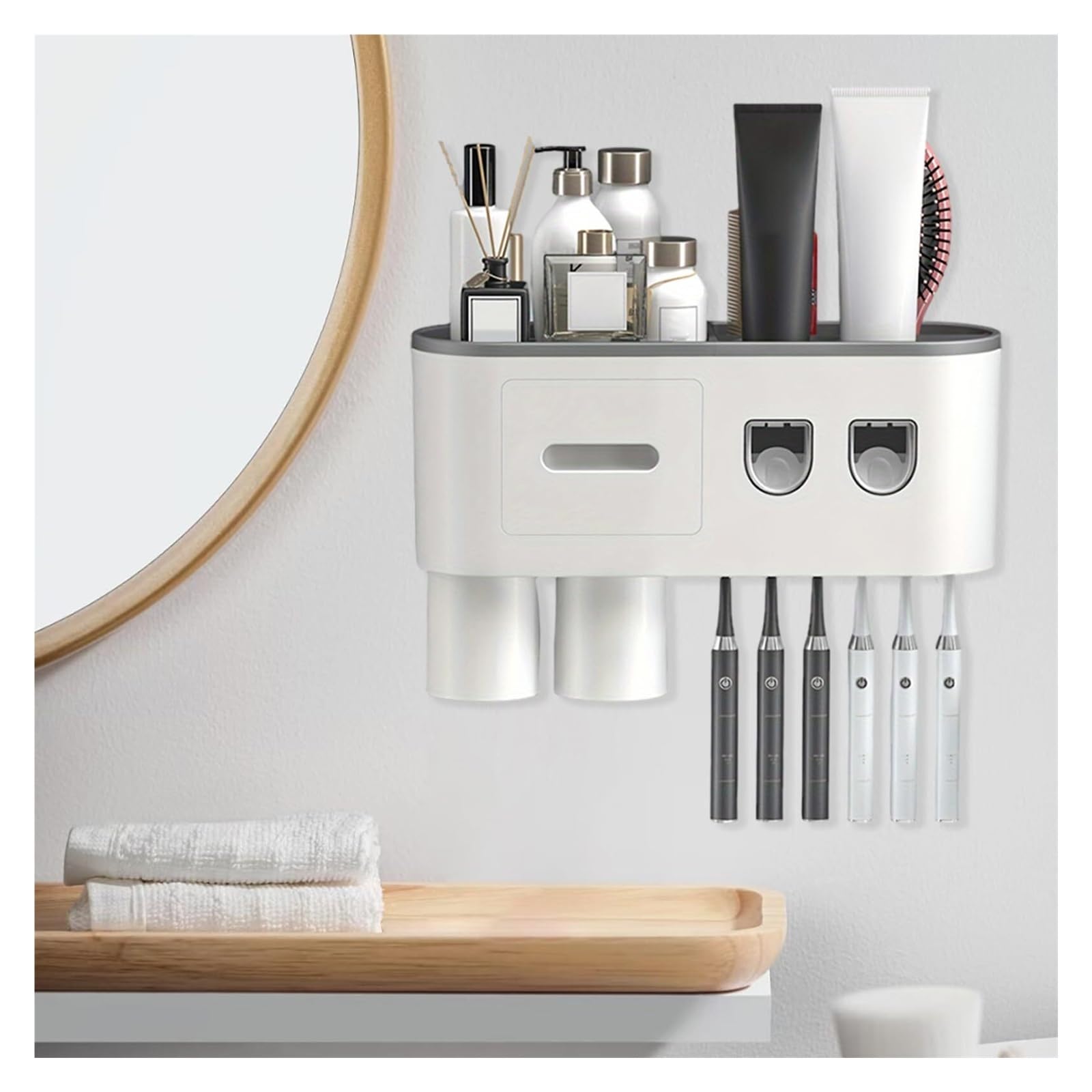 Portacepillos de Dientes Soporte de Pared for cepillos Dientes con dispensador automático Pasta, Organizador baño sin Taladro Vaso de Enjuague bucal Reutilizable(2 Cups)