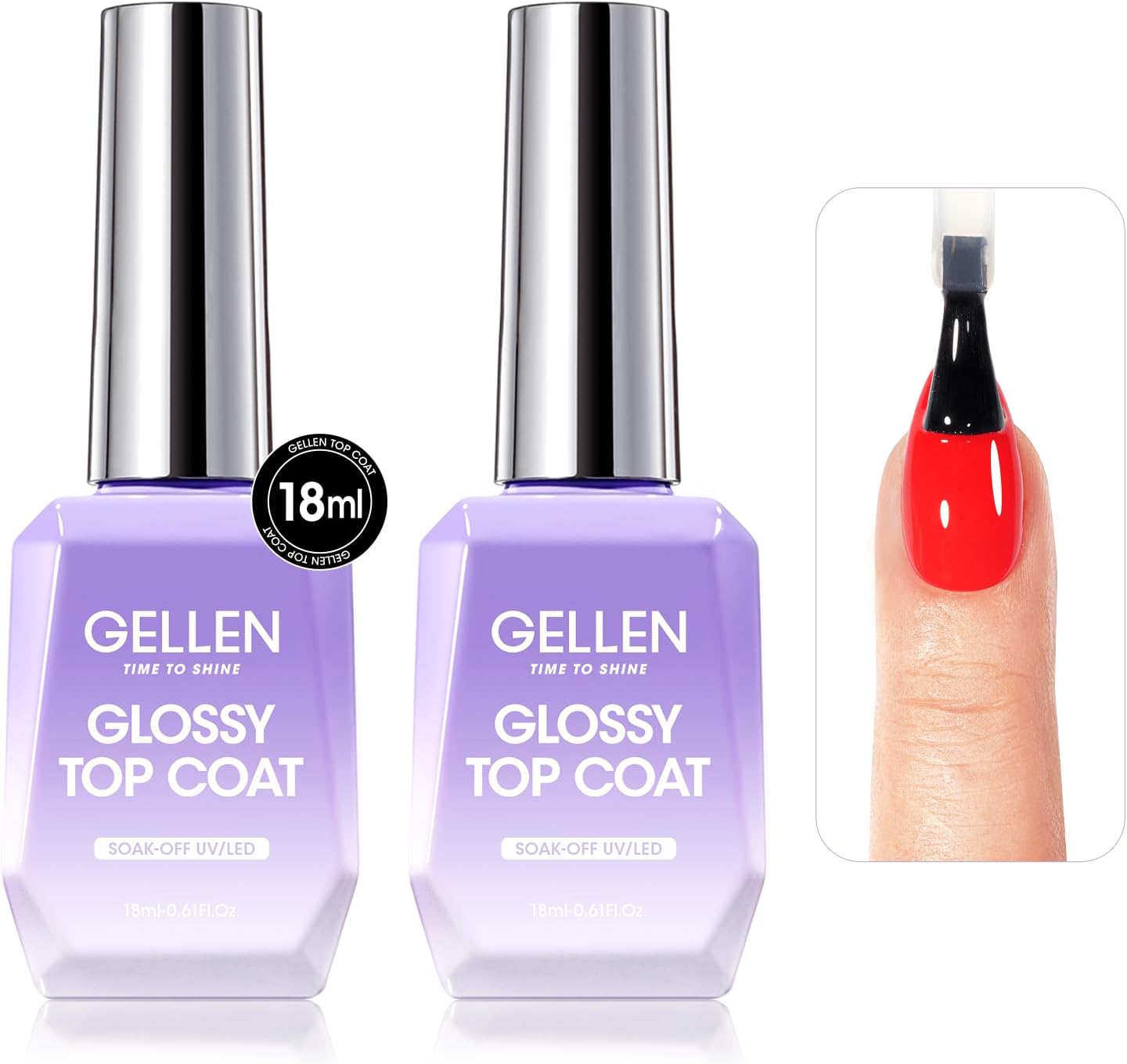 GELLEN 2 Pcs No Wipe Gel Top Coat Set, 18 ml Glossy Top Coat Gel Nail Polish, High Shiny Soak Off UV Lamp Clear Nail Polish, Home Salon Manicure Set