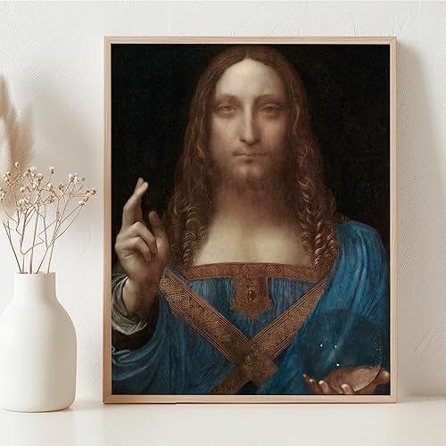 Miniatura 3 de Salvator Mundi - Póster enmarcado de 11 x 14 pulgadas, retrato cristiano de Leonardo da Vinci, pintura al óleo, Jesucristo Salvador del mundo. Obra
