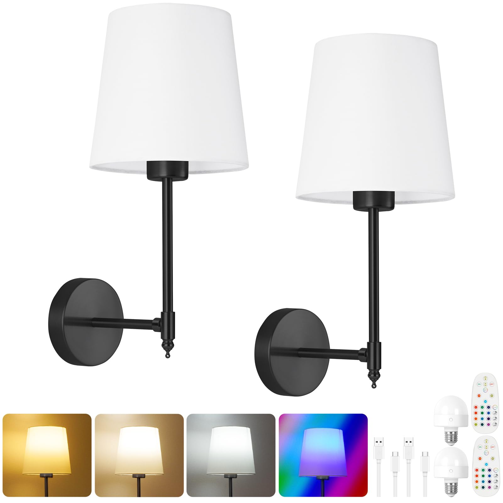 HOTUT Battery Operated Wall Sconce Set of 2, Wireless Wall Light with Remote Control, 12 Colors Dimmable Rechargeable Bulbs Cordless Lamp for Bedroom Living Room Hallway, Black