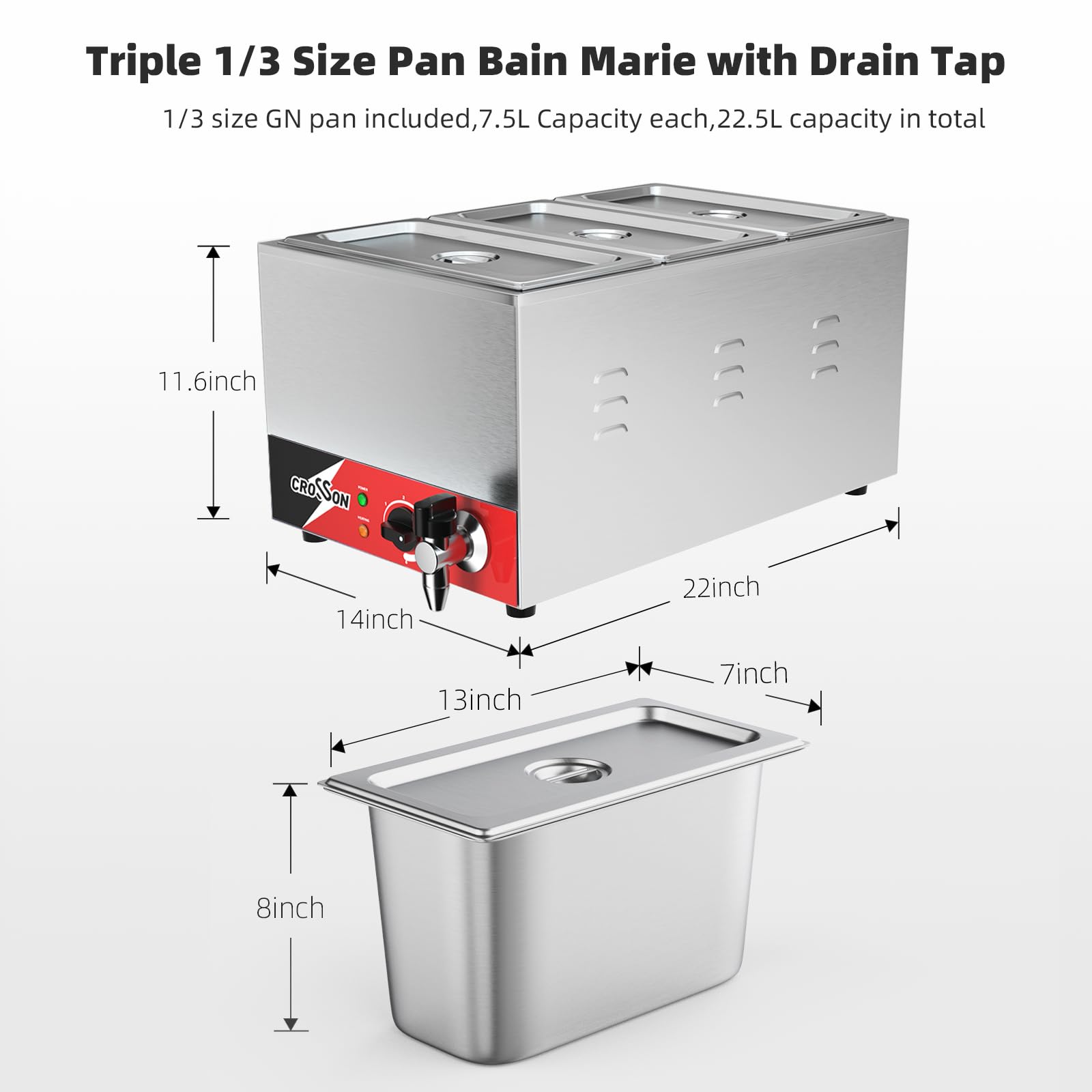 CROSSON Gastronorm Bain Marie mit Ablaufhahn, Profi Gastro Speisewärmer passend für (GN) 1/1 Gastronorm Behälter mit 3 150mm hohen 1/3 GN-Wanne, Wasserbad Temperatur einstellbar von 35-85 °C