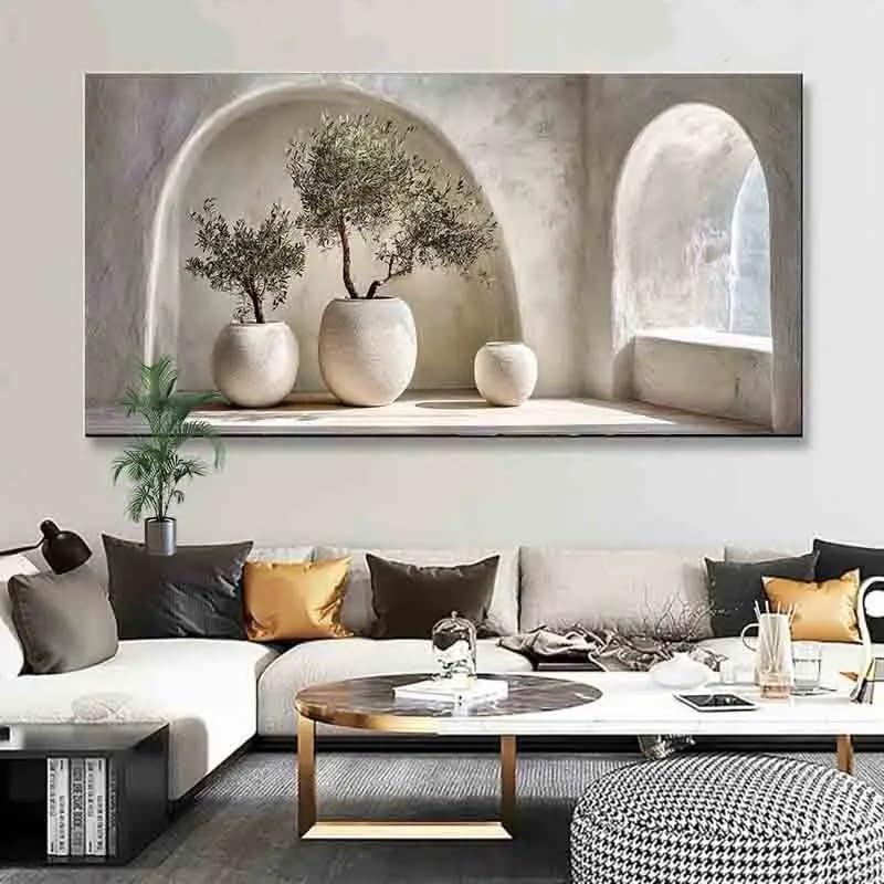 Lienzos con macetas blancas y olivos de 30x60cm para decoración de paredes de salas de estar
