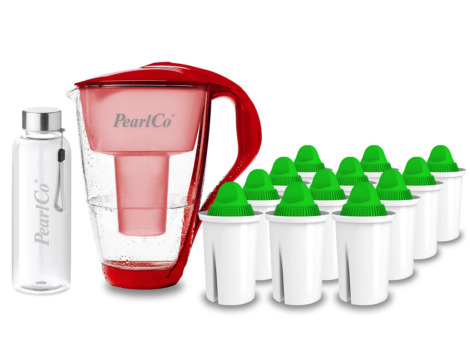 PearlCo - Szklany filtr do wody (czerwony) z 12 wkładami filtrującymi alkalicznymi Classic + 1 butelka do picia ze szkła