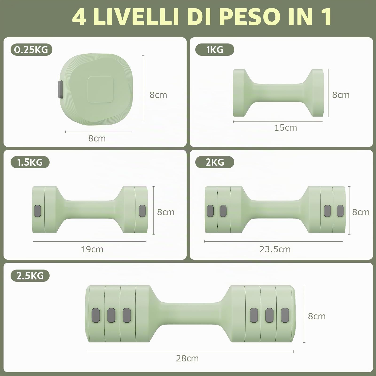 Set di 2 manubri regolabili da donna, 1-5 kg, set di 2 manubri 4 in 1, per donne e uomini, pesi per la palestra a casa, allenamento della forza a casa