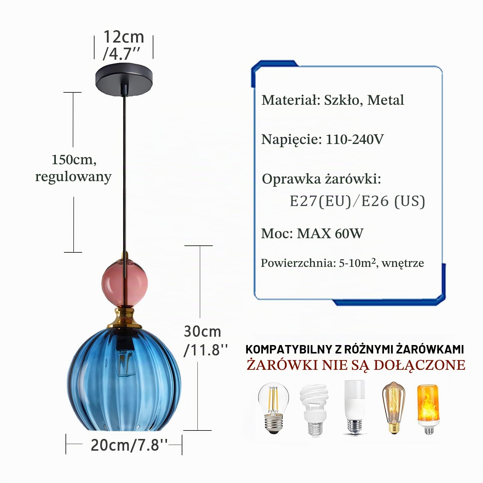 Kolorowa, ręcznie dmuchana lampa wisząca ze złotymi akcentami, regulowana lampa sufitowa E27 - nowoczesny styl industrialny do kuchni, jadalni, sypialni (niebieski)
