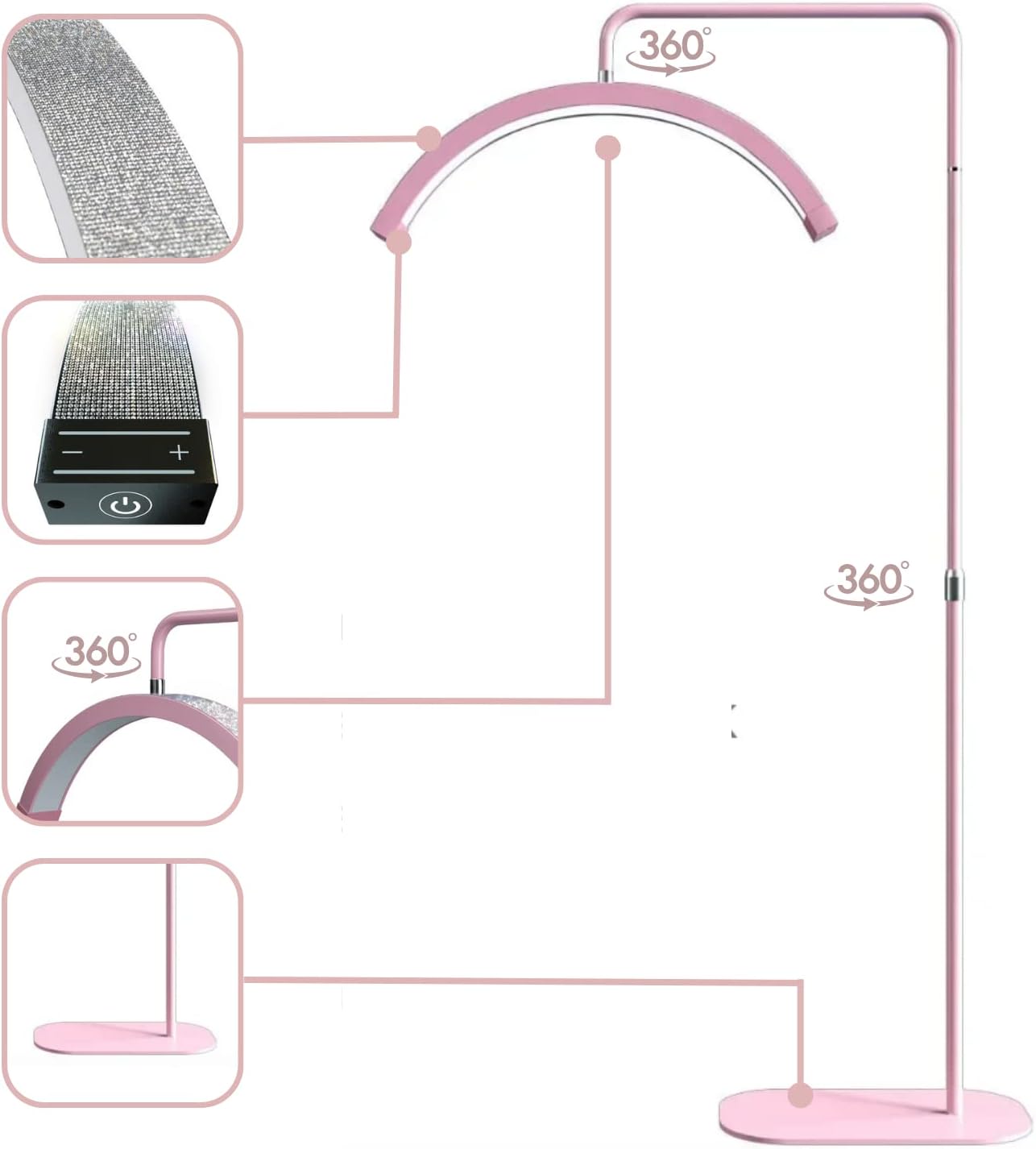 Bling Half Moon Lash Light | Dimmable LED Diamond Esthetician Light for Eyelash Techs - LED Floor Lash Lamp with Adjustable Height, Touch Control & Stable Base | Warm & Cool Tones | White