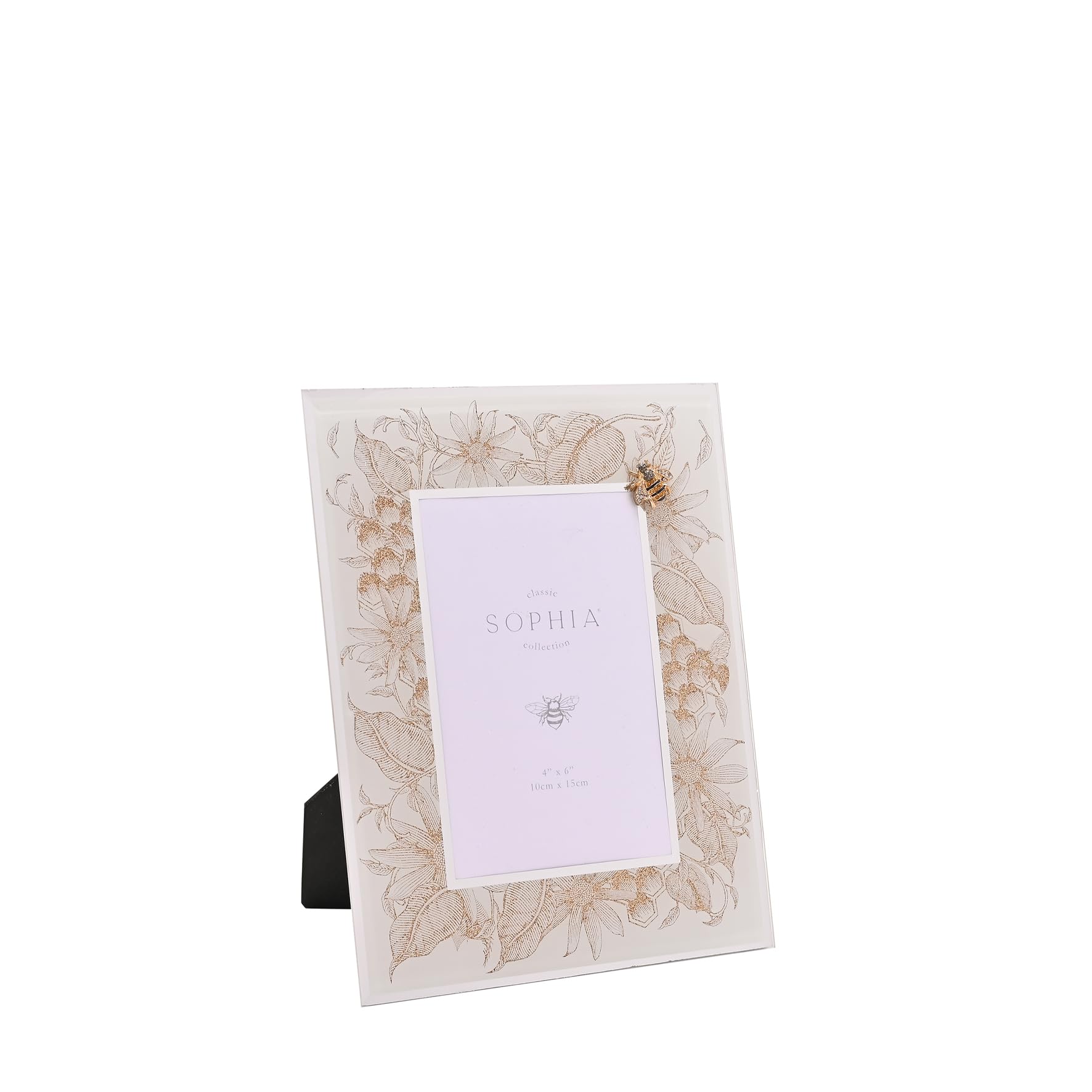 Sophia - Gold & White Floral Picture Frame With Bee Detail - 4" x 6" - Self Standing Vertical Photo Frame With Easel Back - Contemporary Homeware & Gifting - H: 26cm x W: 20.