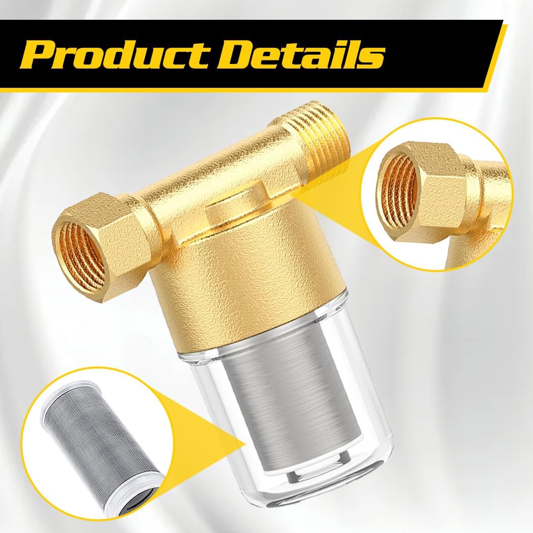 40 Micron Brass Sediment Filter, Inline Water Filter fits 1/2" NPT & 3/4" GHT, Visual Sediment Filter for Washing Machines to Ensure Cleaner Clothes, Also for Water Heaters, RVs, Boats, Garden Hoses - Image 4