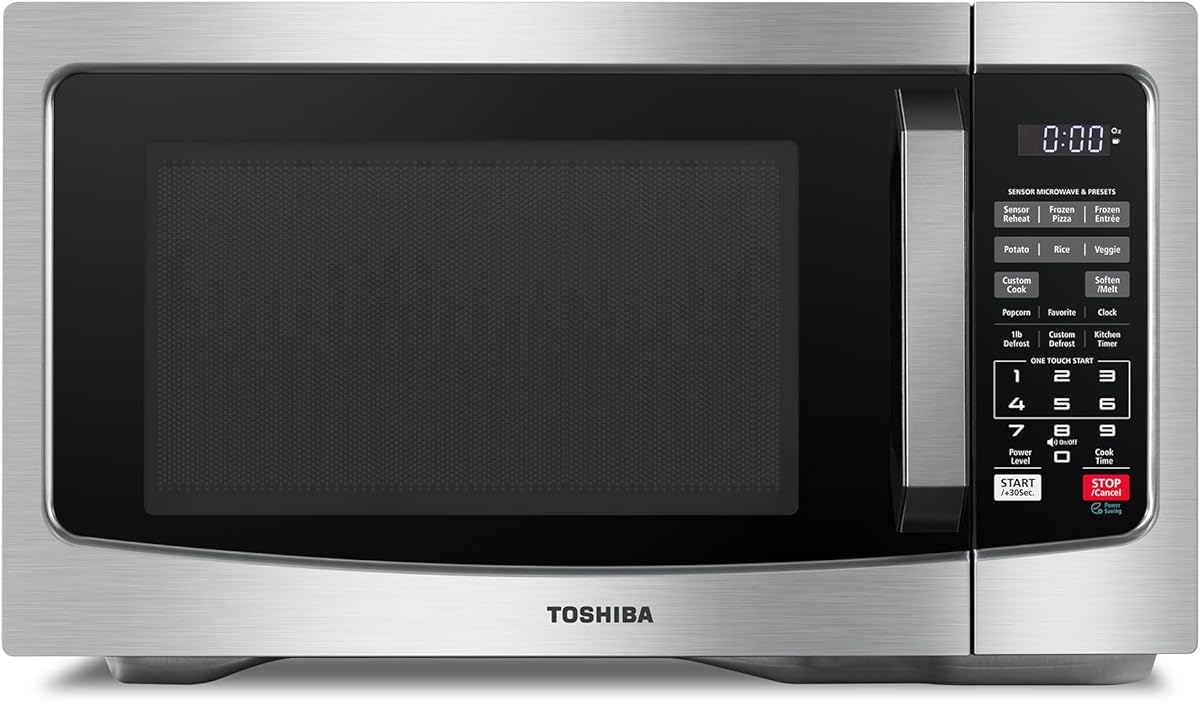 TOSHIBA EM131A5C-SS Countertop Microwave Ovens 1.2 Cu Ft with 12.4" Removable Turntable Smart Humidity Sensor, 12 Auto Menus Mute Function ECO Mode Easy Clean Interior, 1000W, Silver