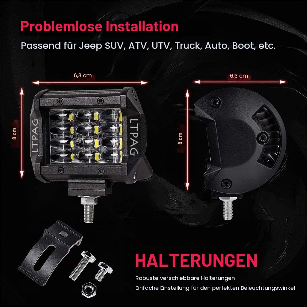 LTPAG Zusatzscheinwerfer, 2 x 72W Cree LED Arbeitsscheinwerfer 4 Zoll 7200LM 6000K IP68 Wasserdicht Offroad Flutlicht Vier Reihen LED Scheinwerfer Arbeitsleuchte Nebelscheinwerfer