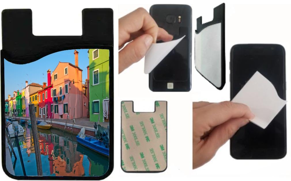 Island Gifting Neoprene Stick-on ID Card Holder for iPhone/Galaxy/Google Android Cases Featuring Image of Colorful Houses in Venice Burano Island in Italy