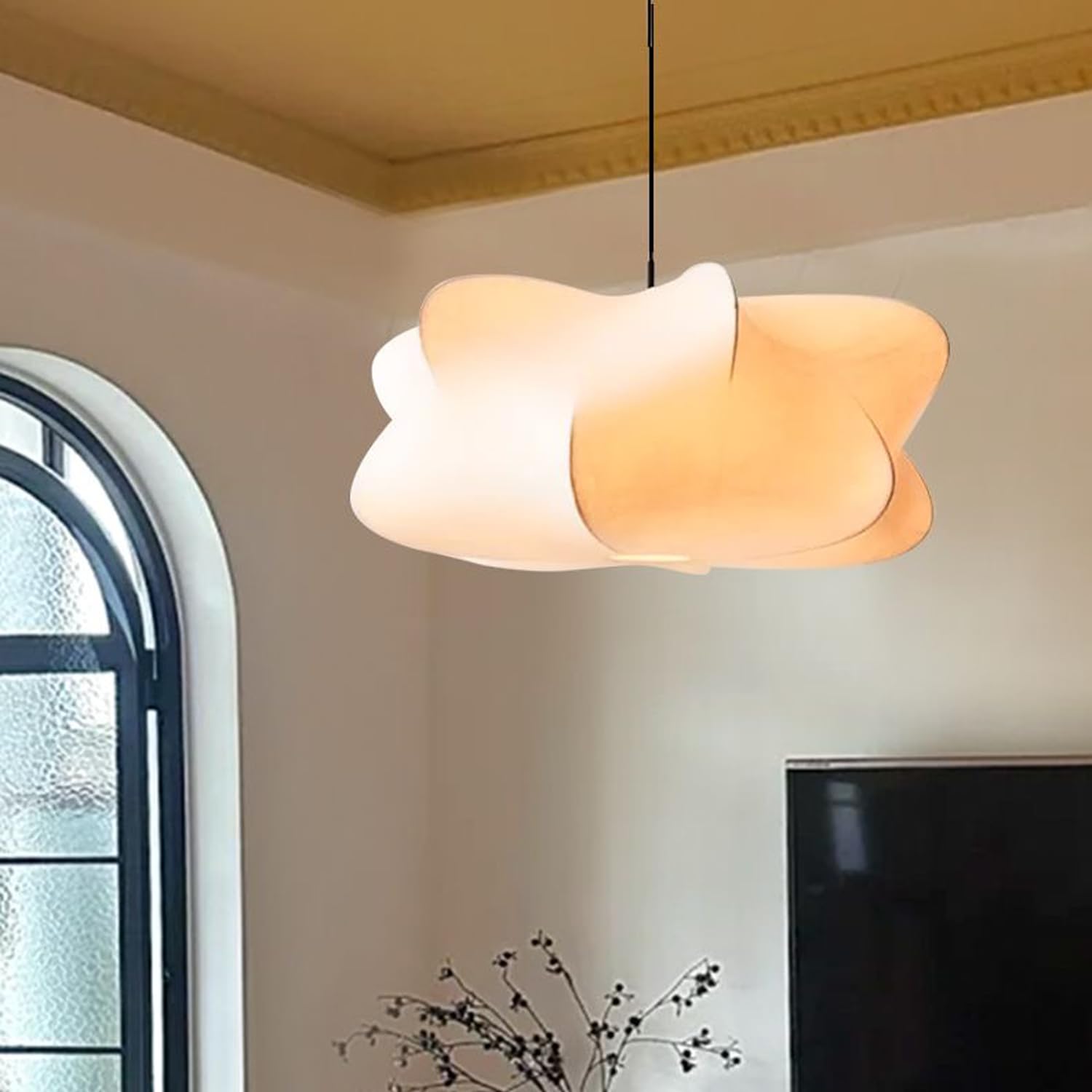 MIXL-Modern White Fabric Lantern Pendant Light, Imitation Silk Lampshade, Adjustable Farmhouse Pendant Lighting for Living Room, Bedroom, Dining Room,