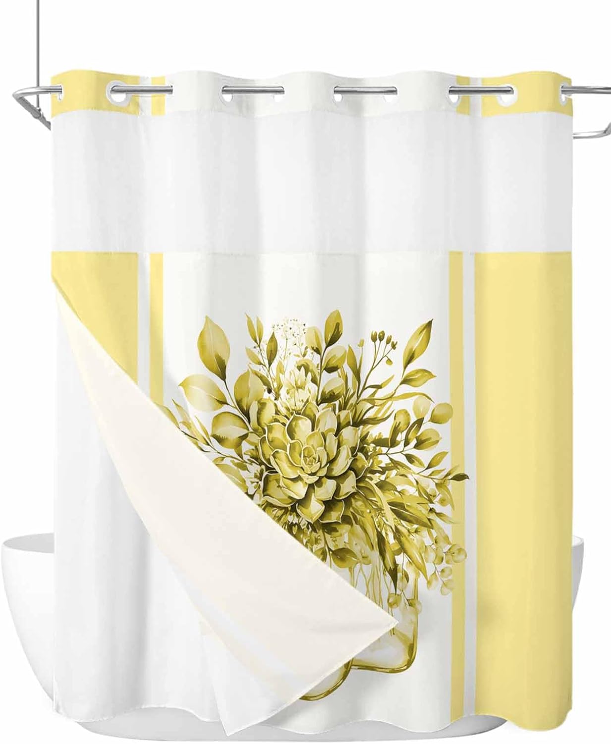 No Hook Shower Curtain and Snap in Liner Set, Yellow Eucalyptus Leaves Fabric Bathroom Shower Curtains 66x72, See Through Mesh Top Window, Spring Summer Floral Botanical Flowers Hotel Style