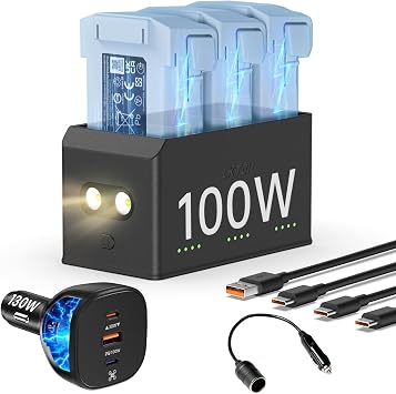 100W Mini 5/4/3 Series Battery Charging Hub with 130W Car Charger USB-C Super Fast Charger for DJI Mini 5 Pro/4 Pro/3 Pro/3, SKYROVER X1 Drone Accessories Parallel Charge 3 Batteries 47/90min