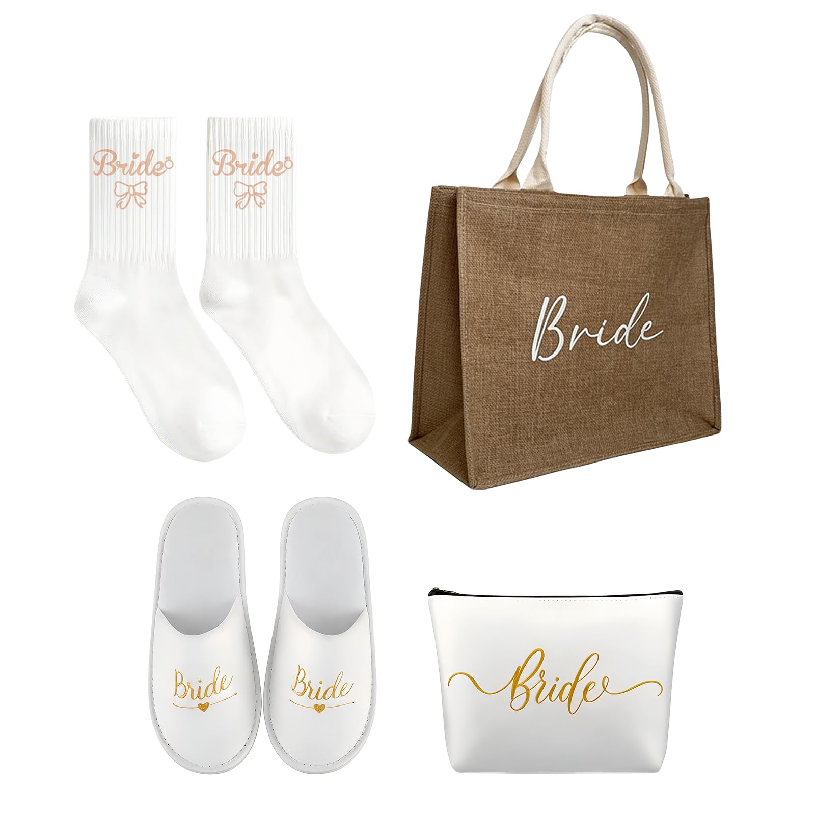 4 pezzi Set di regali per sposa Accessori JGA per donne Borsa in juta con borsa per cosmetici, pantofole, calzini, Borsa cosmetica Bride To Be JGA Borsa in juta per JGA, matrimonio, festa in spiaggia