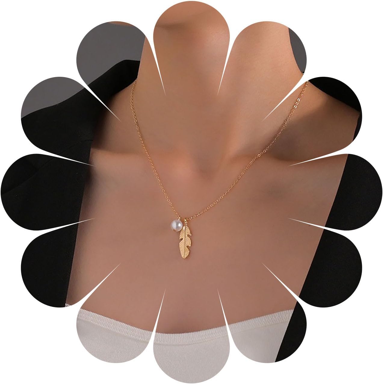 Bohemian Leaf Pearl Choker Necklace Gold Leaf Pendant Necklace Tiny Feather Pearl Collar Necklace Metal Leaf Necklace Jewelry for Women Gifts