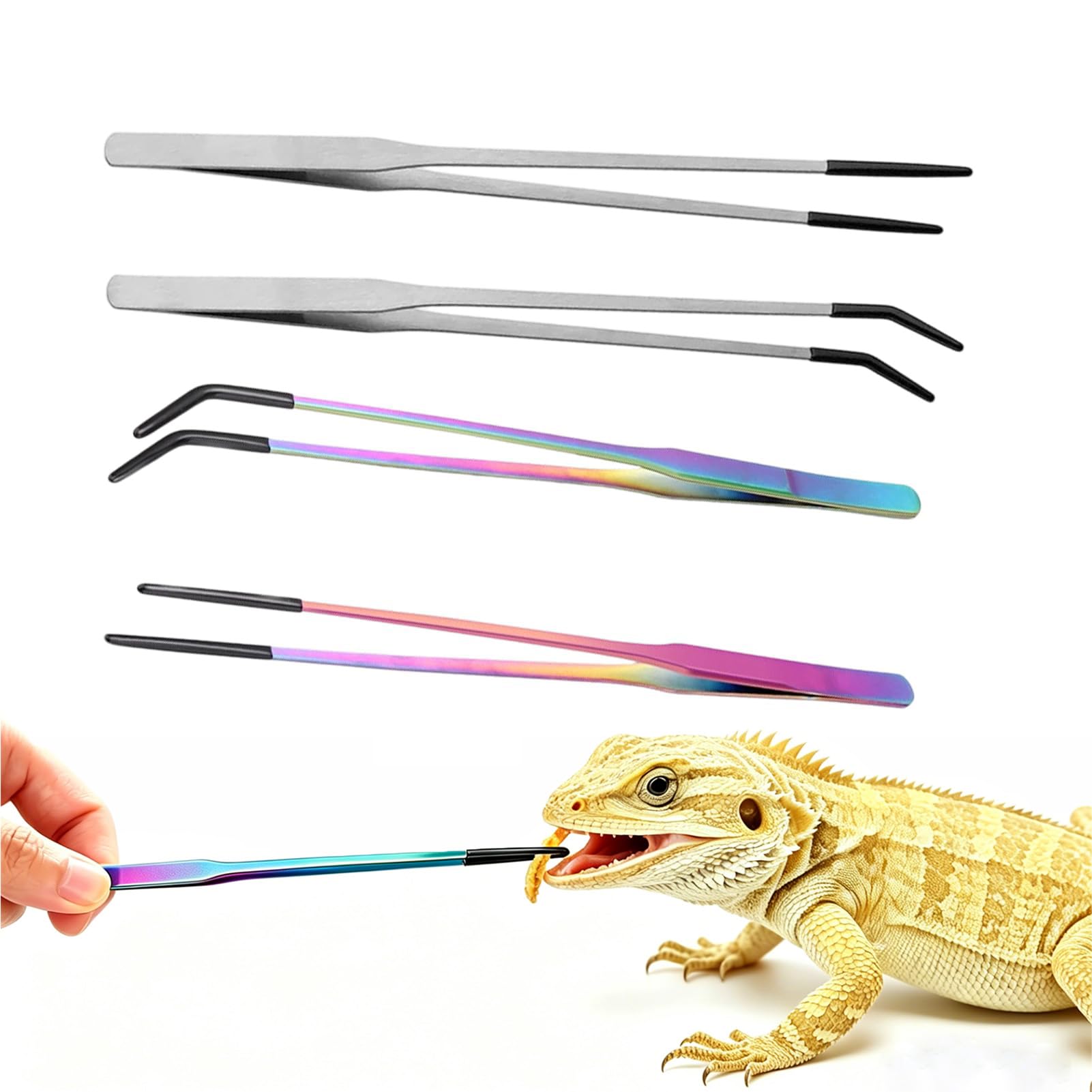 Reptile Feeding Tongs, 4 Piece Stainless Steel Snake Feeding Tongs Set with Rubber Tips, 27cm Straight and Curved Aquarium Tweezers Extra Long for Snake and Lizard Feeding, Terrarium Maintenance