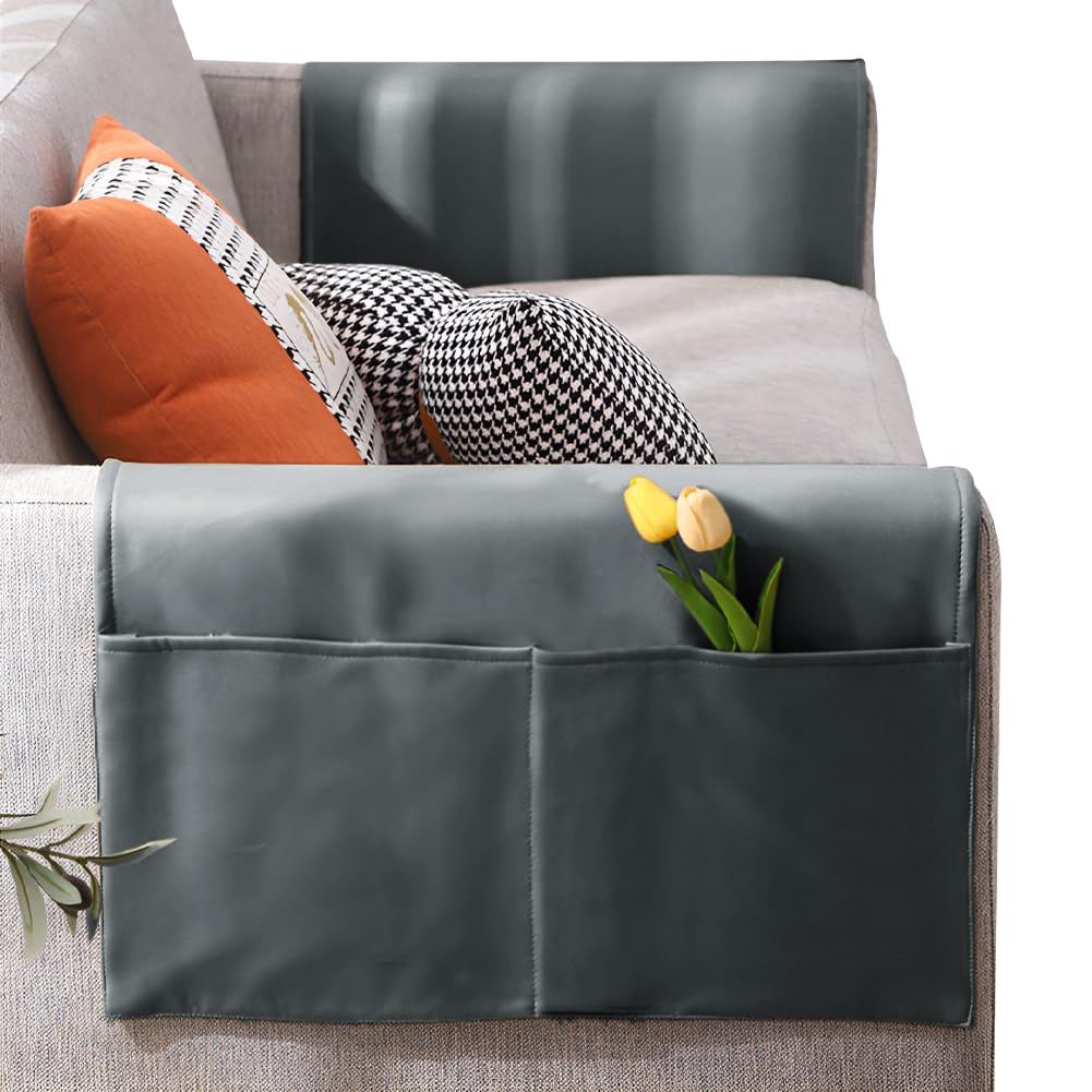 Thick Sofa Armrest Organizer with 2 Big Storage Pockets Anti-Cat Scratch Cloth Waterproof Hand Towel Dust Protective Cover Storage Bag for TV Remote Control Mobile Phone Book Magazine (Gray)