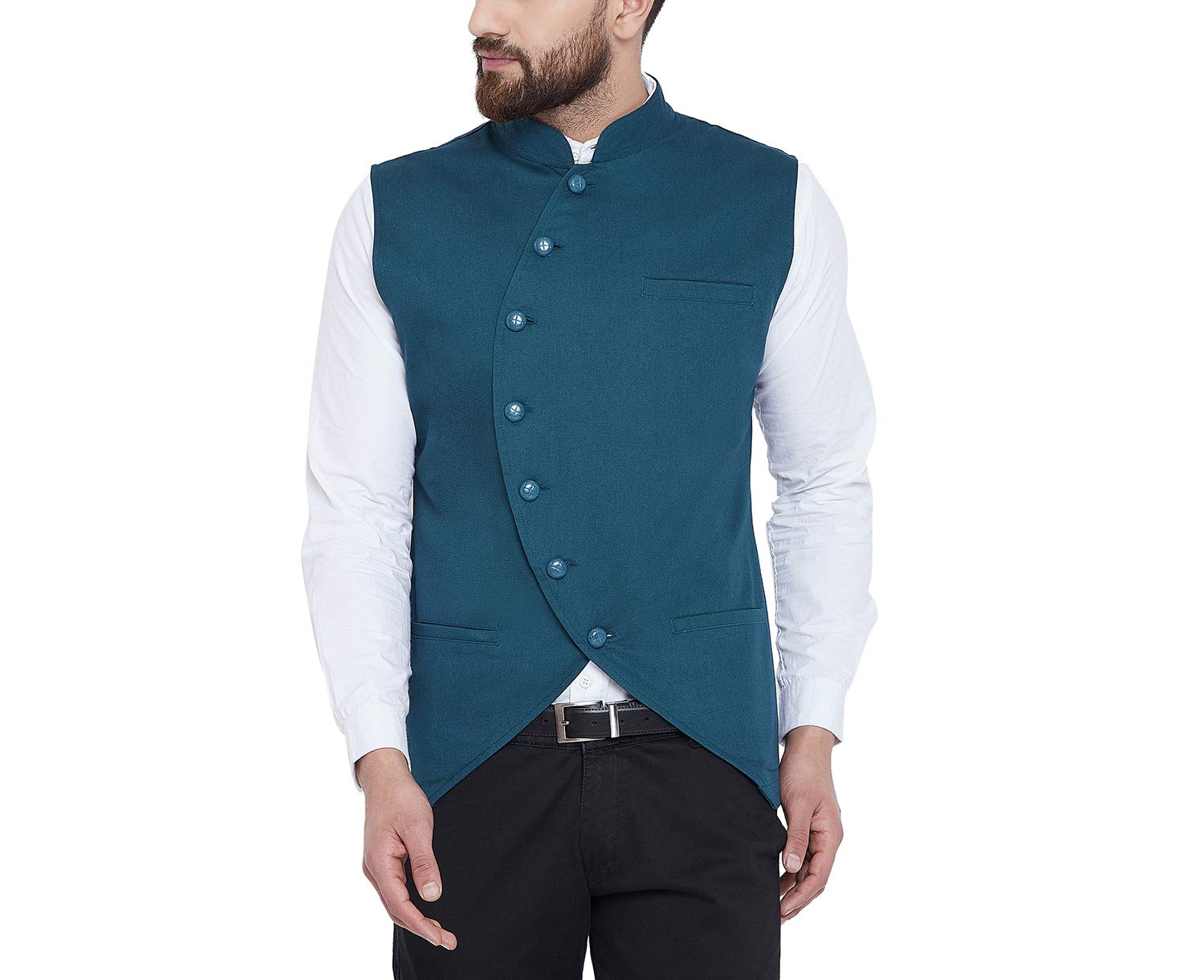 hypernation Teal Blue Cotton Waistcoat for Men(HYPM02476)-picture-42