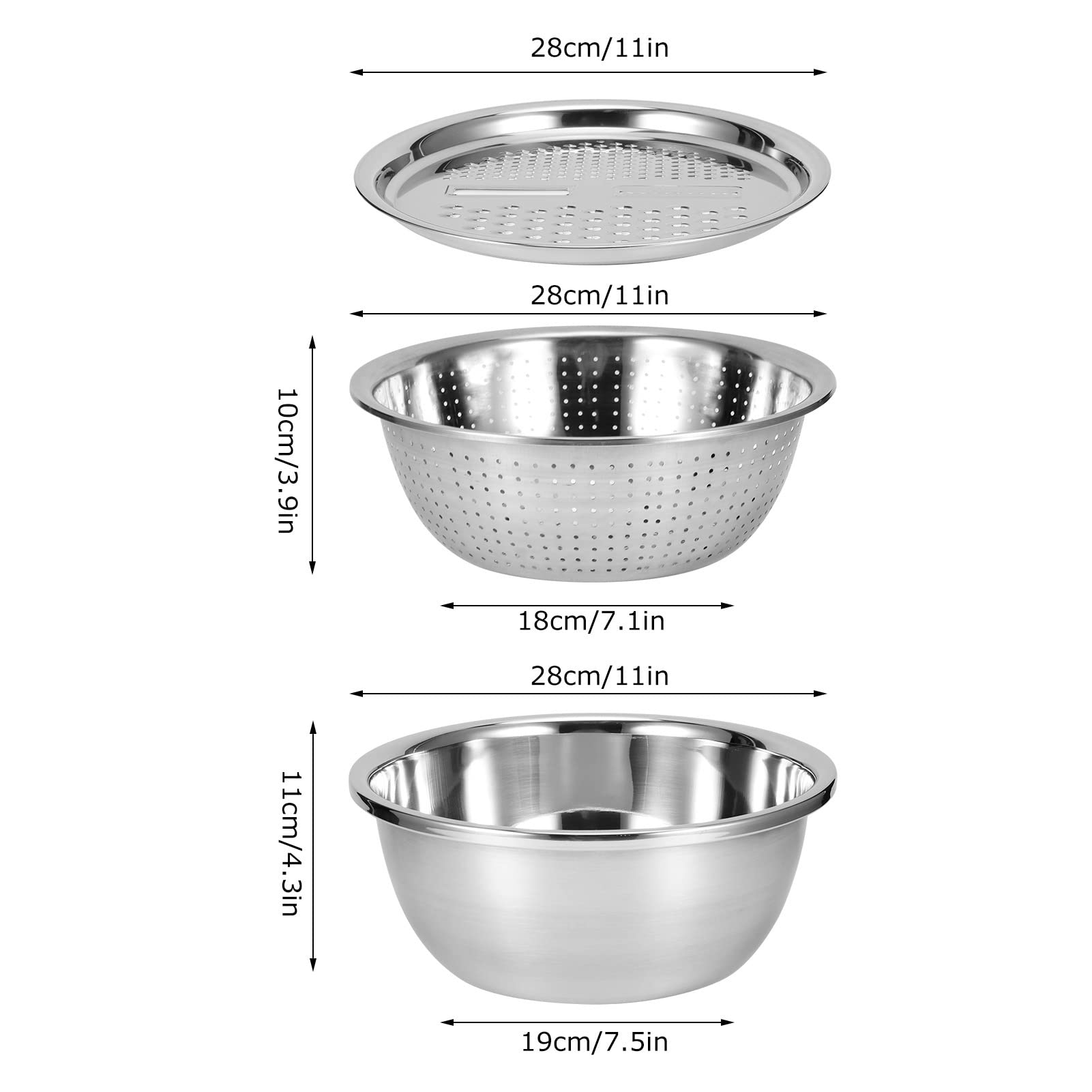 Stainless Steel Rice Washing Bowl,Multi?Function 3 In 1 Colanders Basin,Kitchen Grater Set Bowl Grater Strainer for Rice Salad Maker, Multi?Function 3 In 1 Colanders Basin,Stainless StKitchen Gra