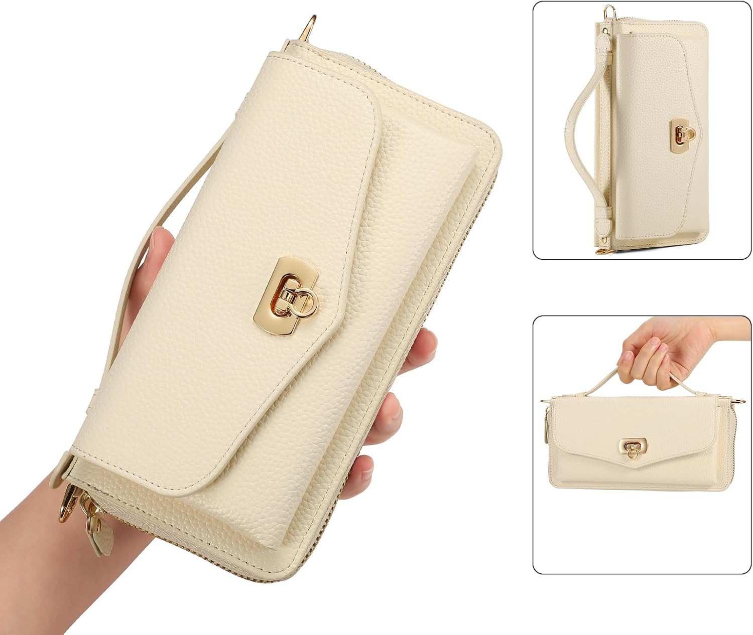 Crossbody Wallet Case for iPhone 16 6.1", Magnetic Detachable PU Leather Phone Case with RFID Blocking Card Holder Wristlet Mirror Flip Zipper Shoulder Purse Clutch for Women - White - Image 9