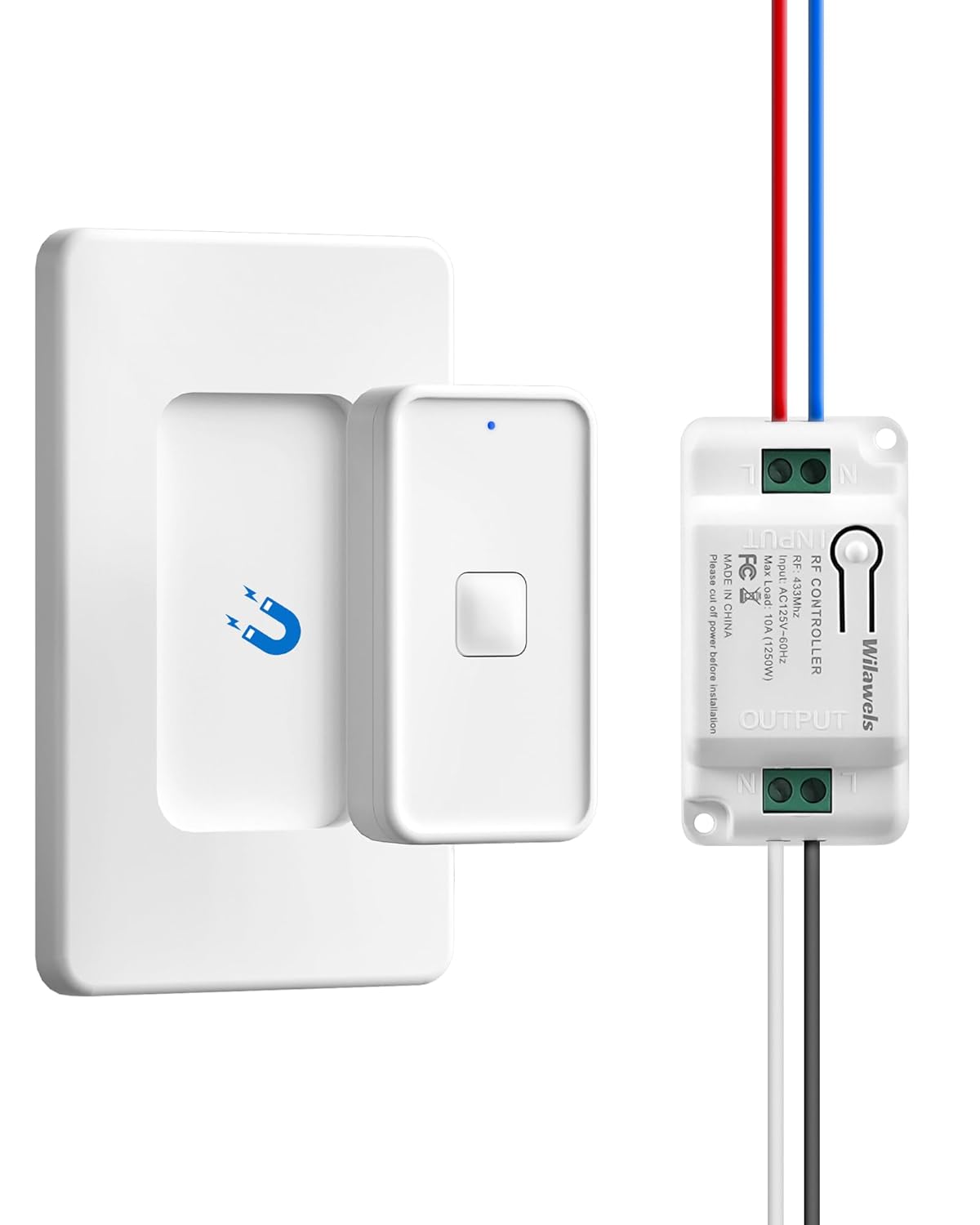 Wireless Light Switch and Receiver Kit, WILAWELS Remote Light Switches, No in-Wall Wiring Required, Remote Control Wall Switch for Ceiling Lights, Fan, 100 Ft RF Range, FCC Listed W15RC1106