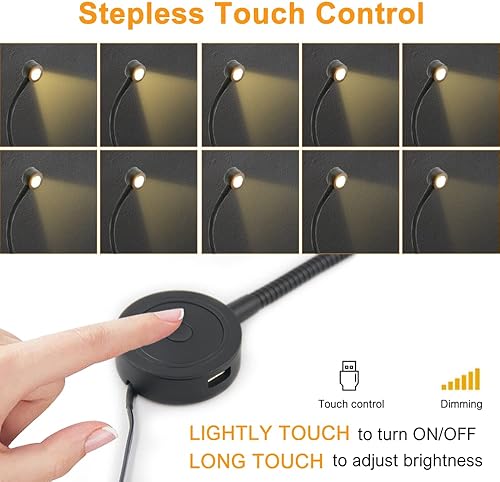 Miniatura 2 de VST Luz de lectura de libros para cama, lámpara de pared de cabecero, lámpara de lectura táctil para ajustar el brillo con puerto de carga USBC,