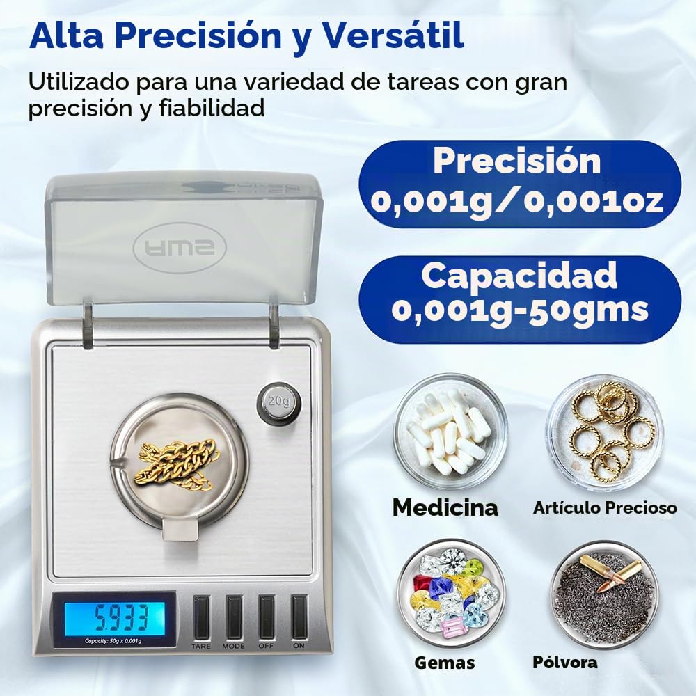 AWS Gemini-50 - Báscula digital de 50 miligramos de 50 g x 0,001 g - Báscula digital para joyas/laboratorio para polvo, oro, gemas - Incluye pesos de calibración, pinzas y bandeja - Tara, cal, 6