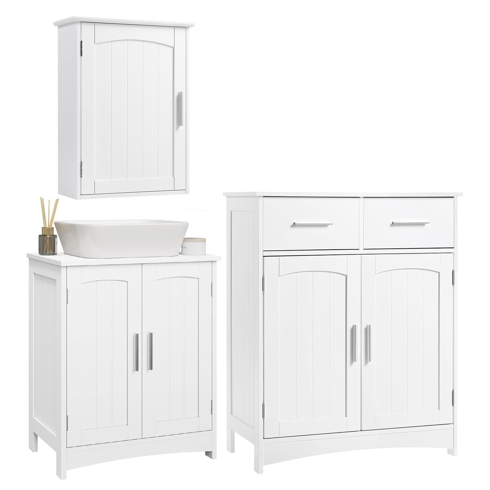 Mobile Lavabo Sospeso Con Lavabo In Ceramica, Design Moderno Multistrato E Rovere Bianco 2 Ante E Ripiano A Giorno 55x32x53 Cm