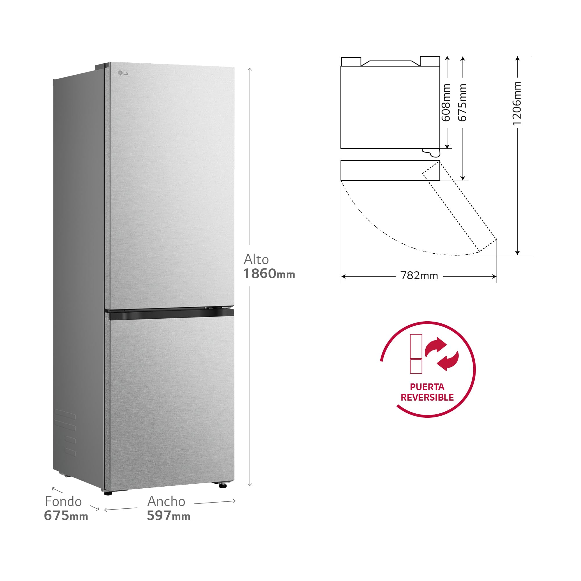 LG GBBS716AMB - Frigorífico Combi DoorCooling+, 1,86m, Clasificación A, Serie 700, Capacidad de 333l, Acero texturizado antihuellas