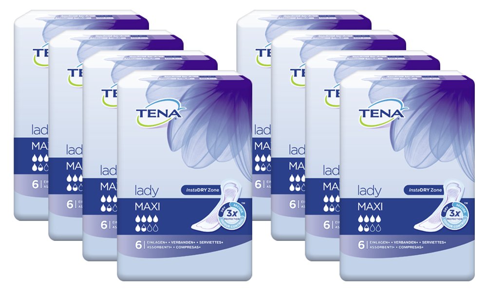 Tena Lady Maxi Compresas Para Incontinencia Media, 8 Paquetes (8 X 6 Unidades)