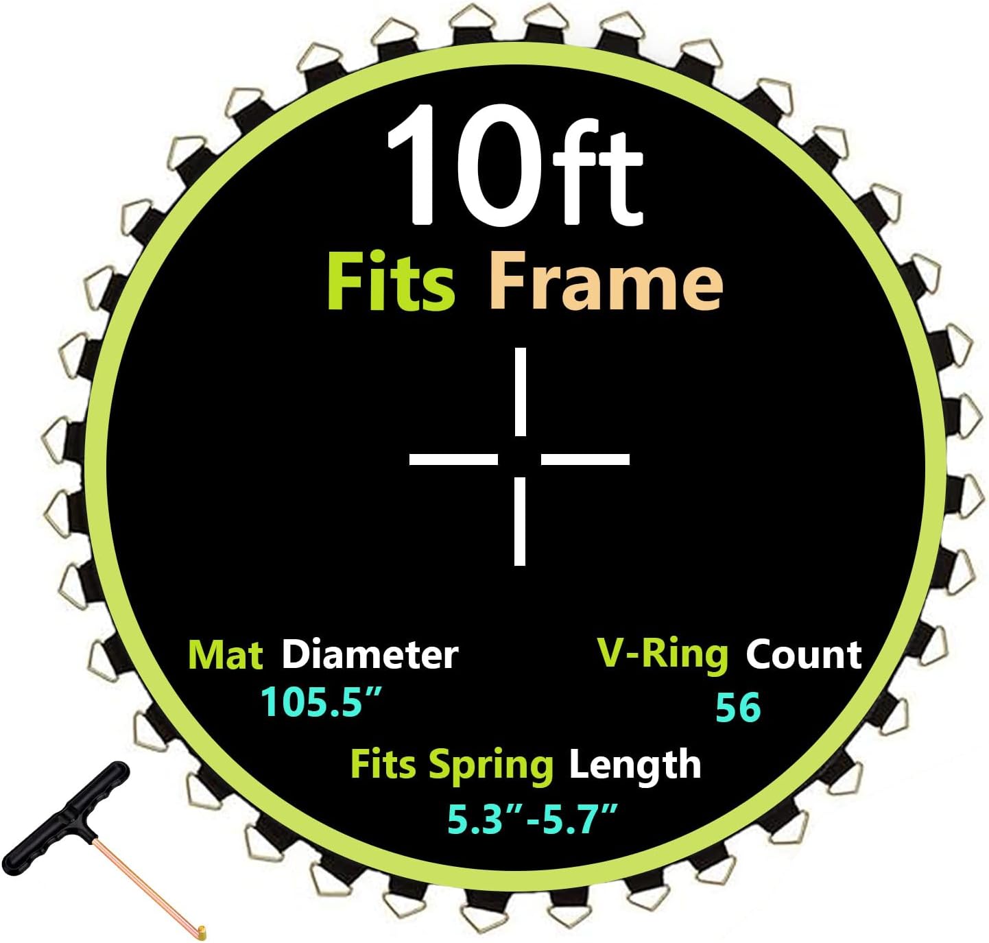 Trampoline Replacement Mat, Dia:105.5", Fits 10ft Frame, with 54/56/60/64 V-Rings for Choose and Spring Tool, Fits 5.3"-5.7" Springs, UV-Resistant