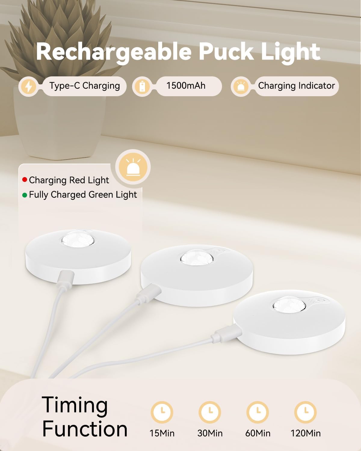 Rechargeable RGB Puck Lights with Remote Control, 1500mAh Battery Operated Push Lights, Dimmable & Timer Under Cabinet Lighting for Closet, Bedroom, Kitchen White 6Pcs