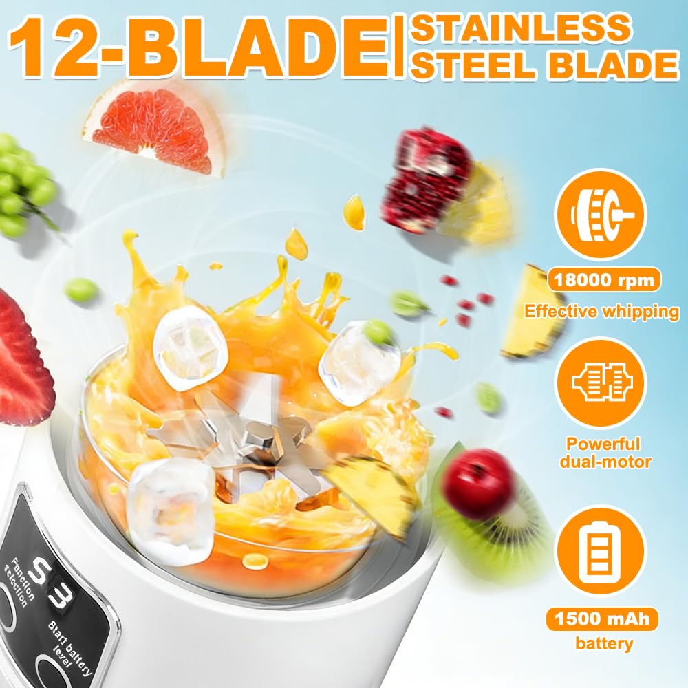 Tragbarer Mixer Smoothie Maker To Go, Pengrity 450 ML Portable Blender, mit LED Display, 12 Klingen, Kleiner Mixer für Shakes und Smoothie, Wiederaufladbar Mini Standmixer für Sport, Reisen, Outdoor