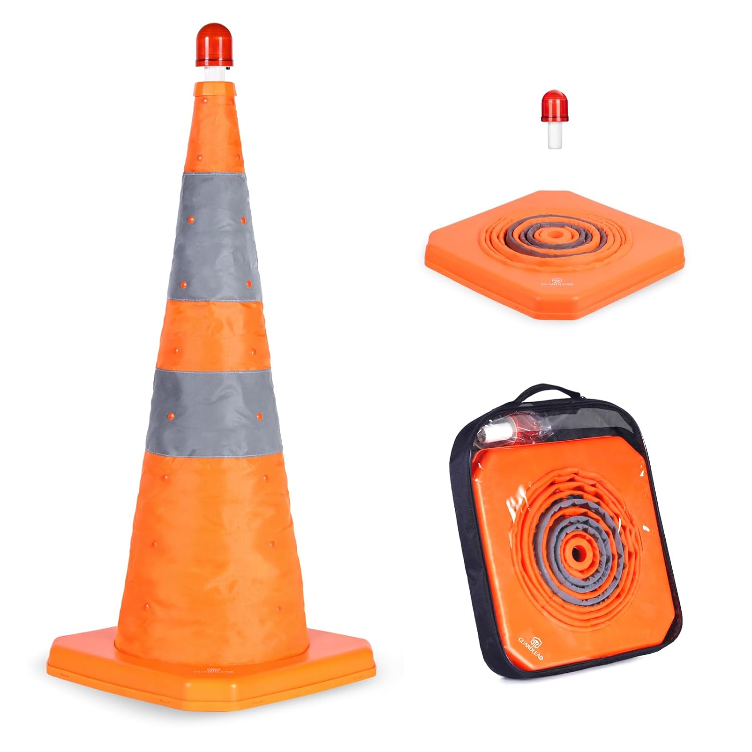 4 Pack 28 inch Collapsible Traffic Cones with LED Light, Safety Cones with Reflective Collars, Multi Purpose Pop Up Extendable Road Safety Cone by GUARDLEAD
