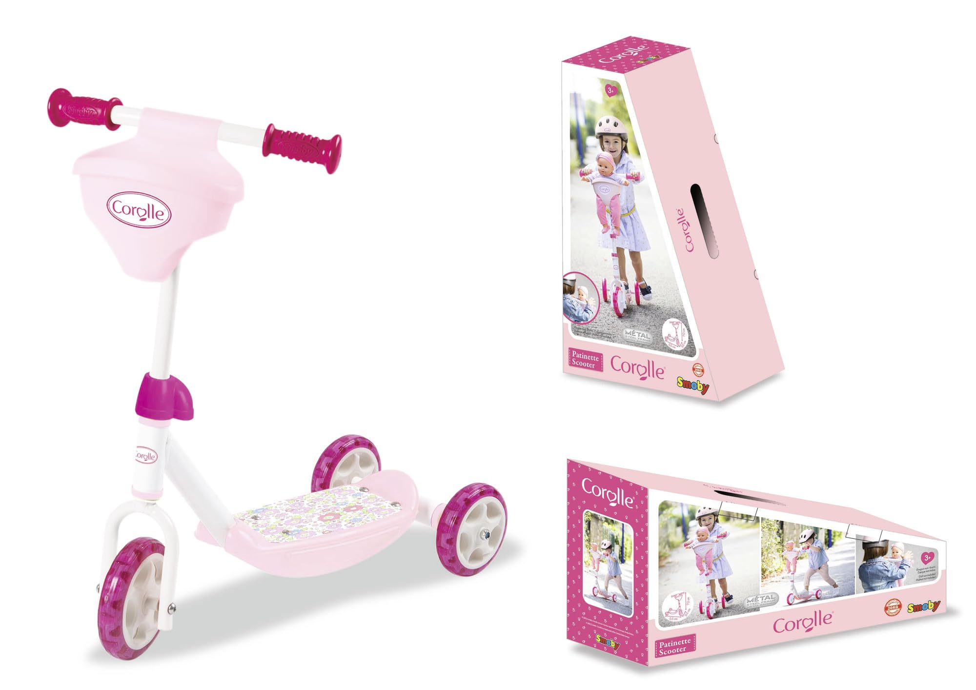 Smoby - Patinete Corolle para niños - 3 Ruedas - Manillar Regulable en Altura - Asiento de muñeca - Superficie Antideslizante - Construcción Estable - A Partir de 3 años
