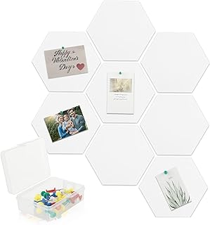 LOLYSIC 10 PCS Hexagon Felt Pin Boards, Self Adhesive Hexagon Felt Notice Board for Home Office Bedroom, Felt Bulletin Pin Memo Board Tiles for Wall, White Felt Board with 20 Push Pins