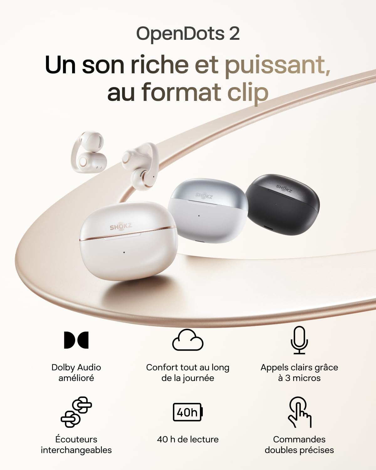 SHOKZ OpenDots 2 Écouteurs Clip-on à Oreilles Libres, Bluetooth 6.1, Dolby Audio, 40 h d'autonomie, Appels avec Réduction du Bruit par IA, Résistance IP57, Charge Rapide sans Fil, Noir