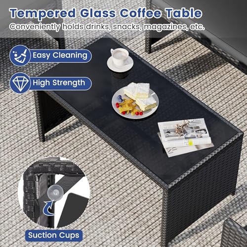 Image of Tangkula 8 Pieces Patio Wicker Furniture Set, Outdoor Heavy Duty Rattan Cushioned Chairs, Loveseat and Tempered Glass Coffee Table, for Backyard, Balcony, Poolside (2, Black)