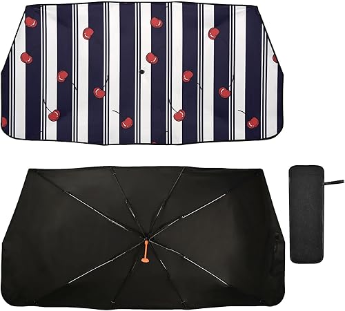 Amazon 車用サンシェード 傘型 軽自動車 断熱 おしゃれ 遮光 フロントサンシェード ストライプ 桜桃 果物 白黒 人気 折り畳み式 フロントガラス Uvカット サンシェード 車 バイク