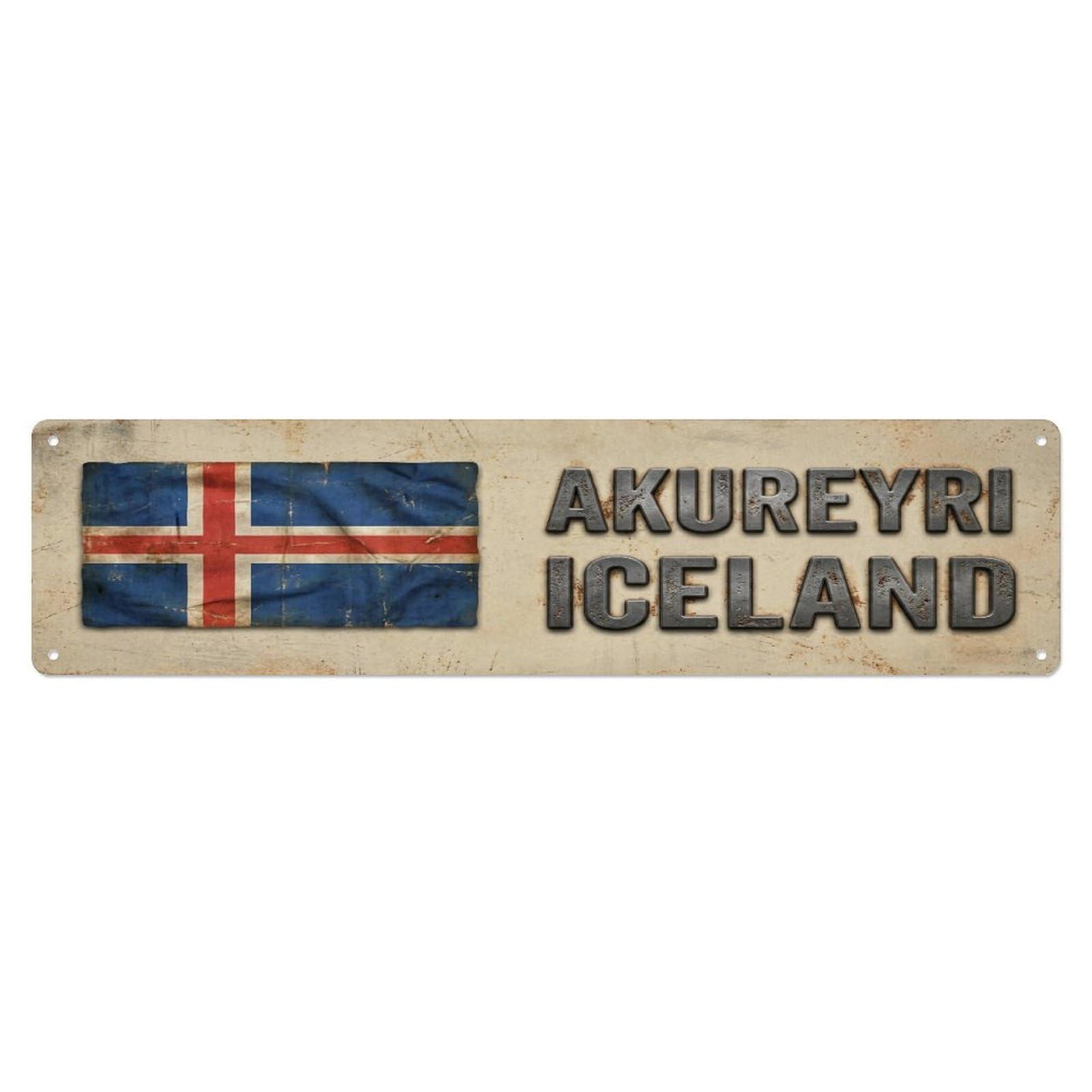 Metal Tin Sign Vintage Akureyri Iceland Flag Decor Rustic Travel