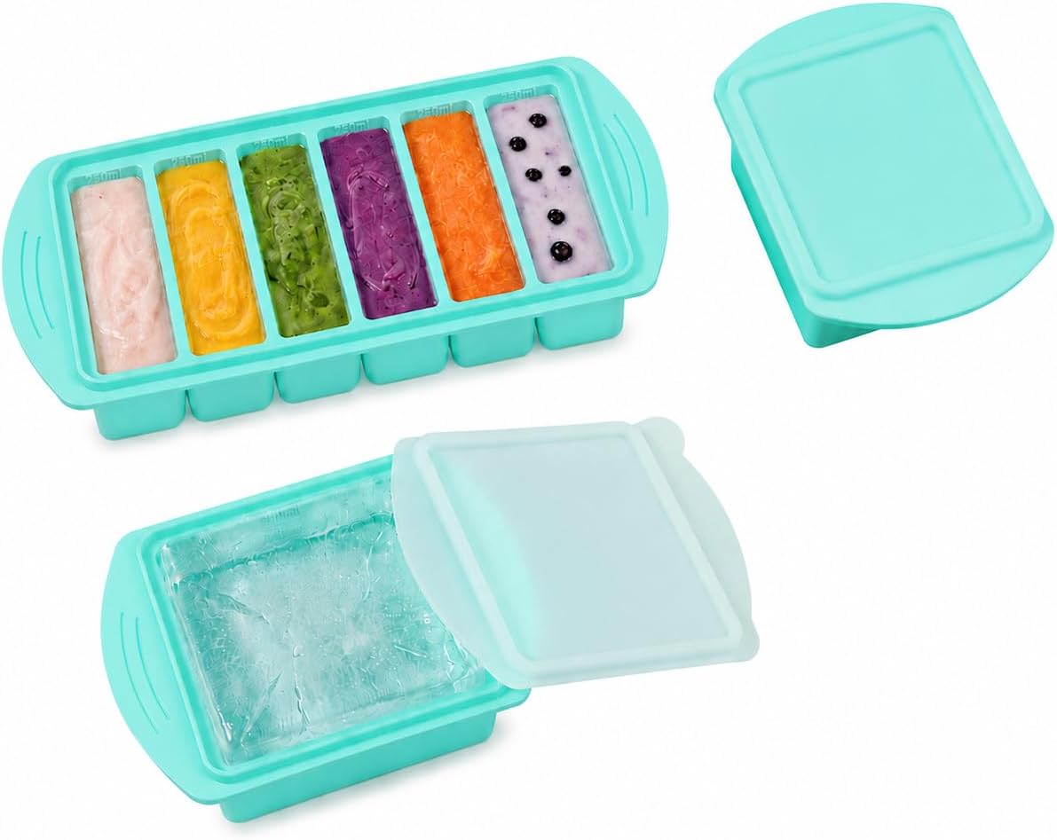 Silicone Freezer Mould Set of 3 with Scale, Freezer Container for Soups, Stews & Meal Prep, 2 x Single Mould & 1 x 6 Compartment Mould, BPA-Free, Stackable for Freezer, Ice Cube Tray, Large (Ice Mint)